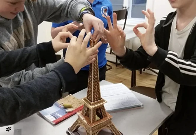 Pupils building an Eiffel Tower model